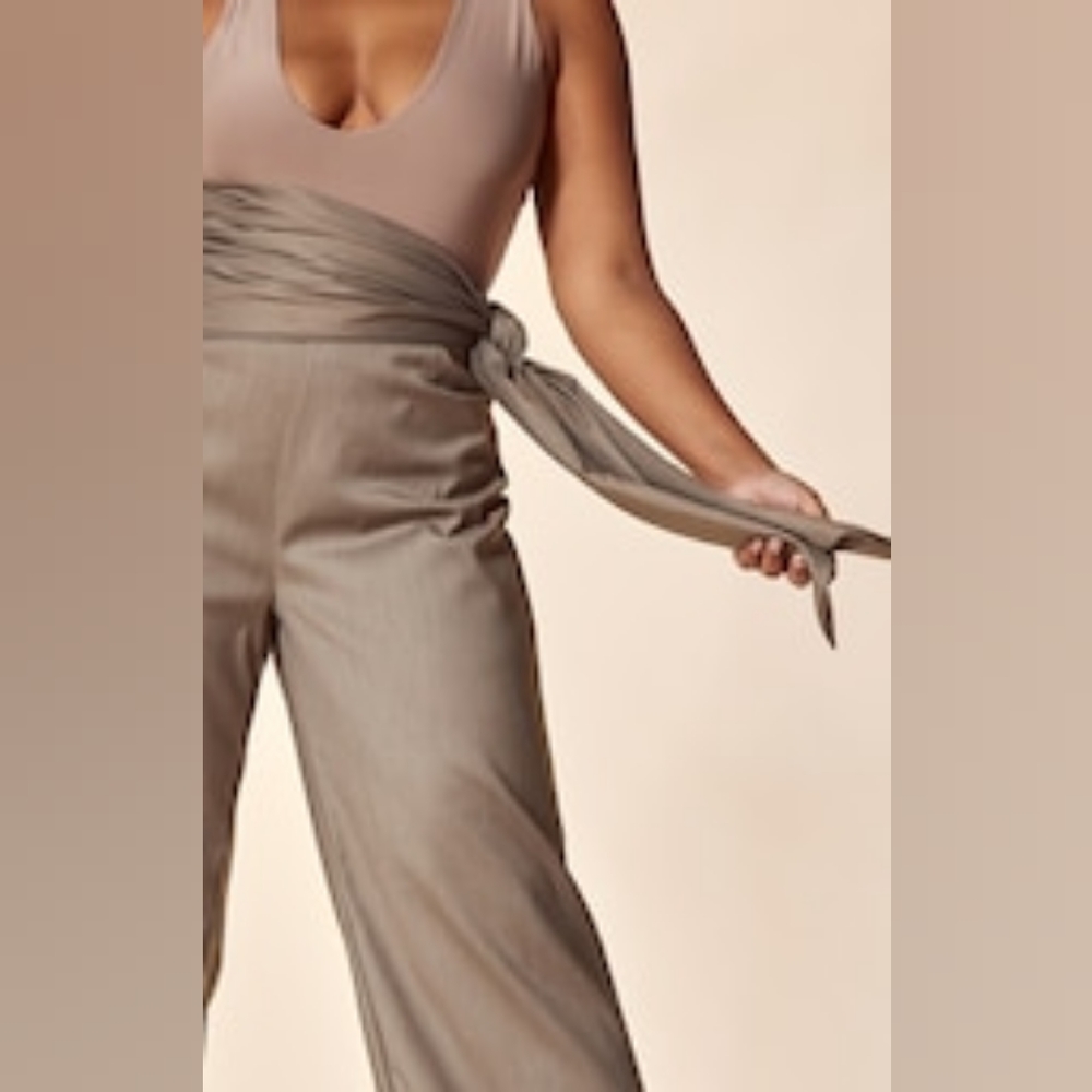NEW Prettylittlething PTL Label Plus Grey Tie Waist Tailored Straight Leg Pants - Picture 5 of 16